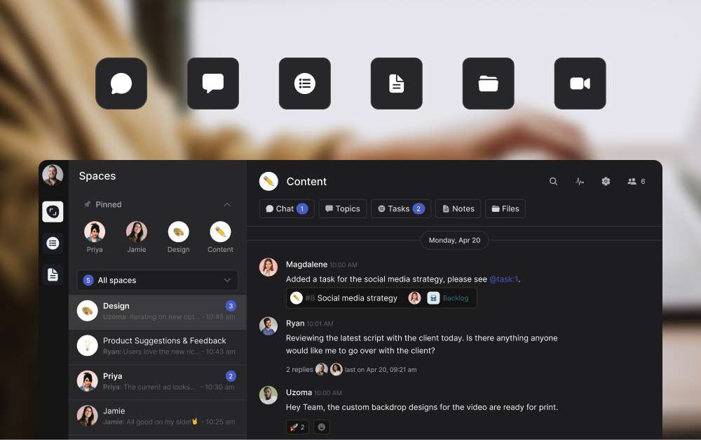 project task tracking with Rock intuitive all in one project management and task management platform: workspace preview with multiple spaces where people are collaborating and chatting.