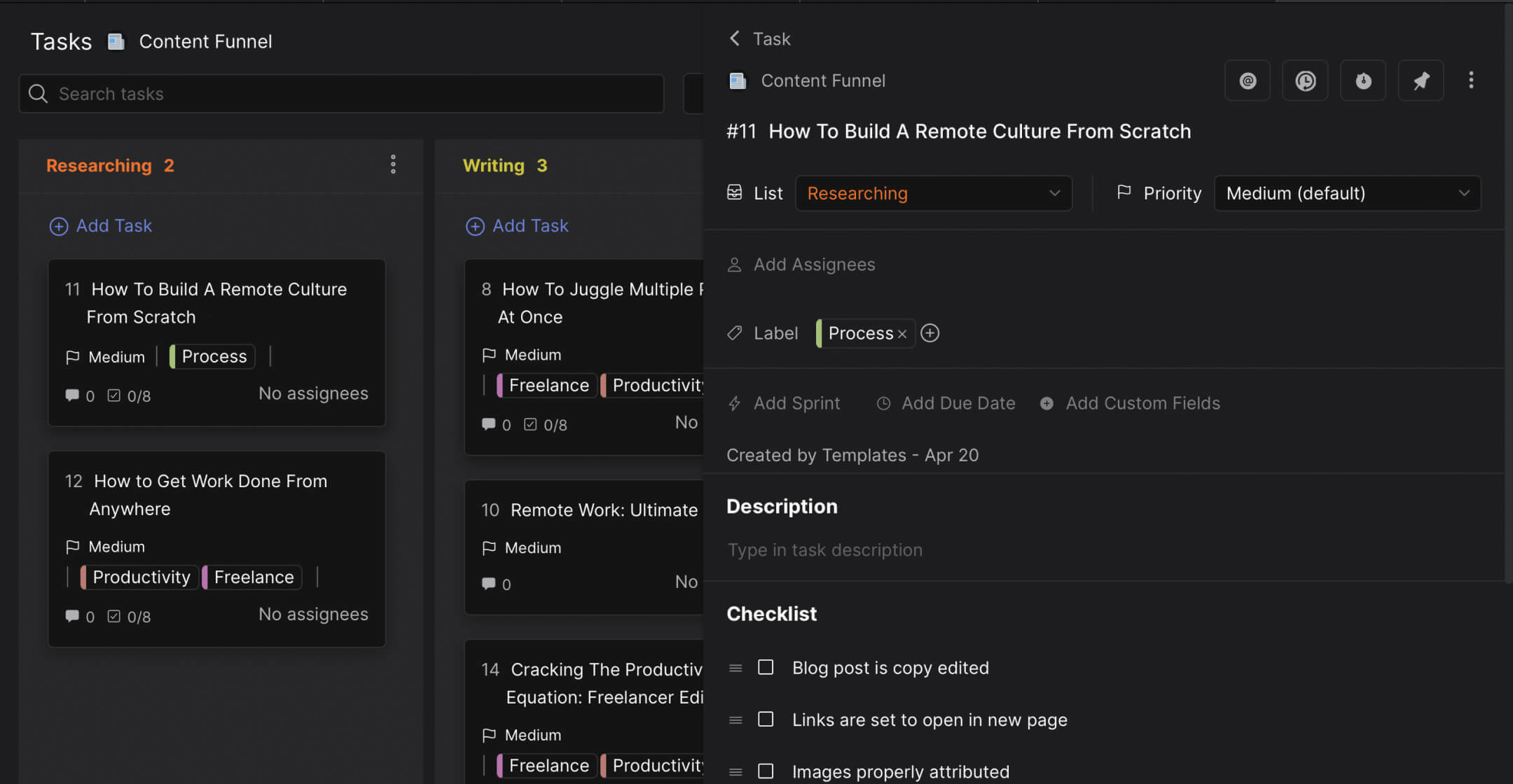 Content Marketing Funnel template preview with a task management board and individual task cards to manage content creation