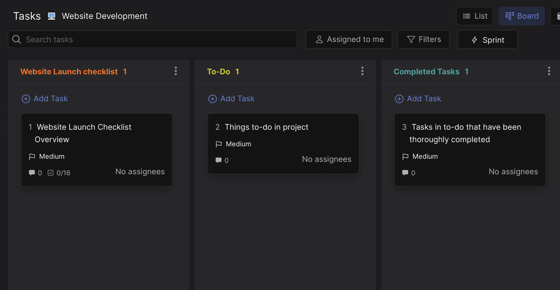 Website development process template preview with task management and individual lists and task cards