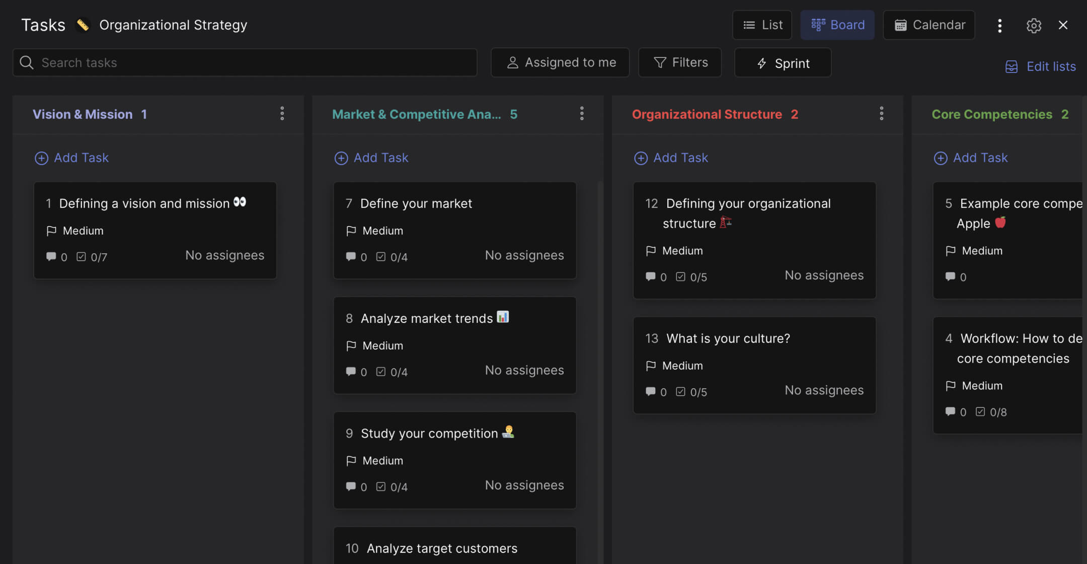 Long term planning template preview different lists and individual task cards