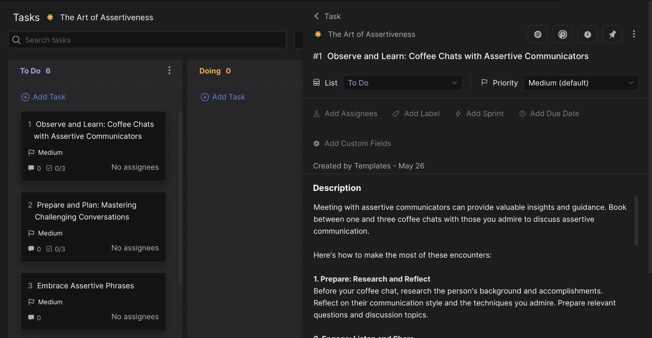 Assertiveness training template preview with task management lists and individual cards l