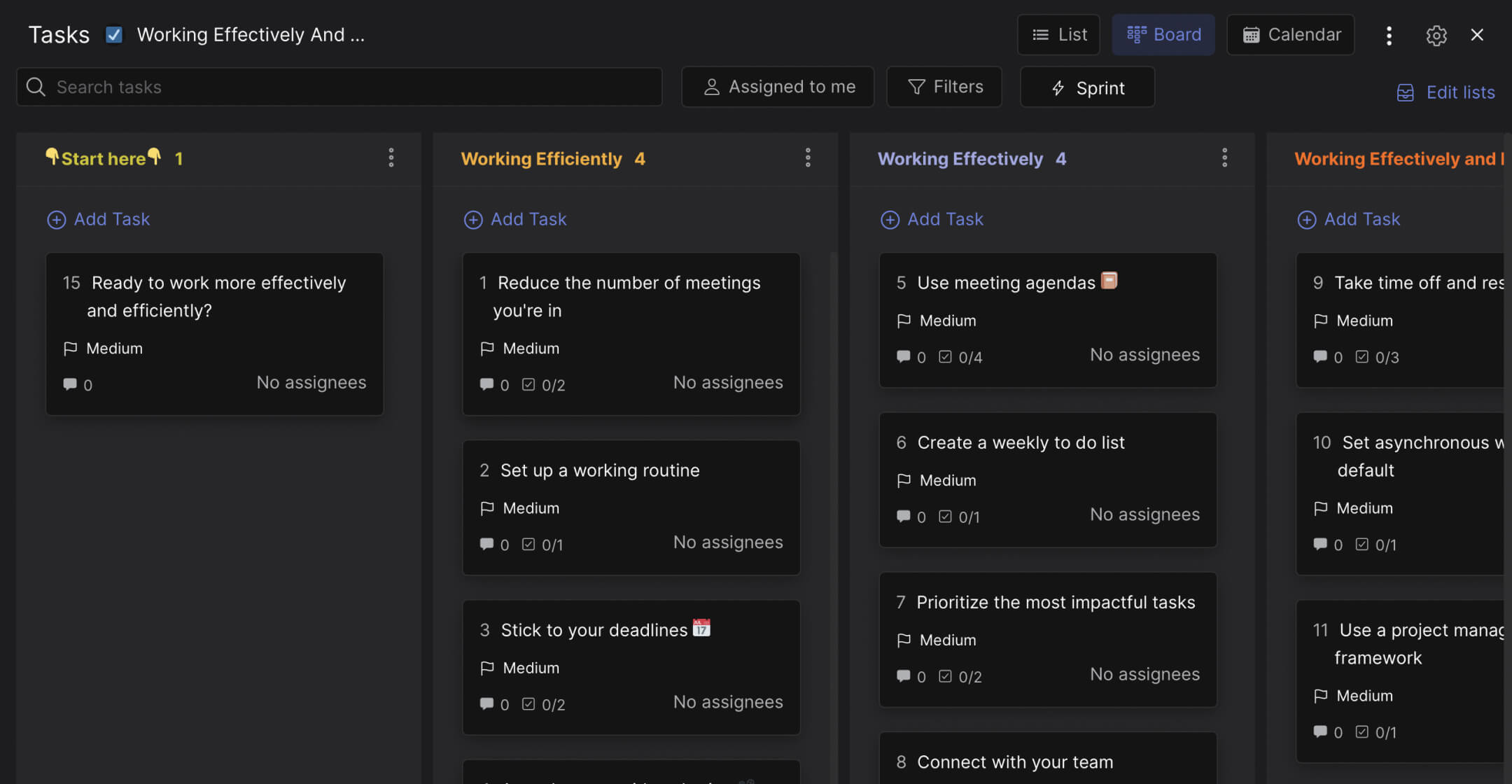 Productivity training template preview with multiple task lists and individual task cards
