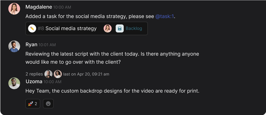 Alternative to WhatsApp interface with multiple messages, reactions and new tasks