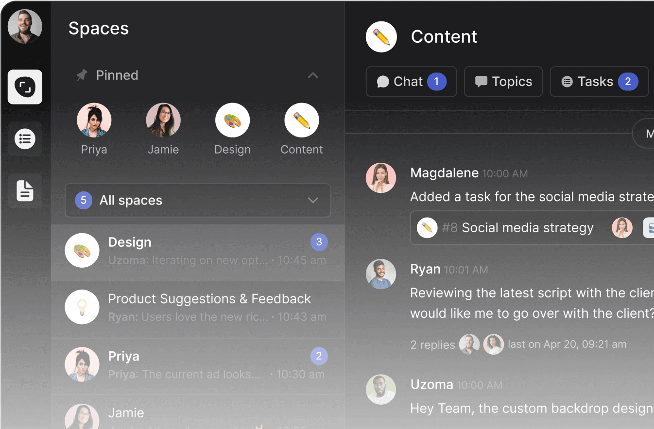 Basecamp alternative Rock main interface with multiple spaces and an open chat
