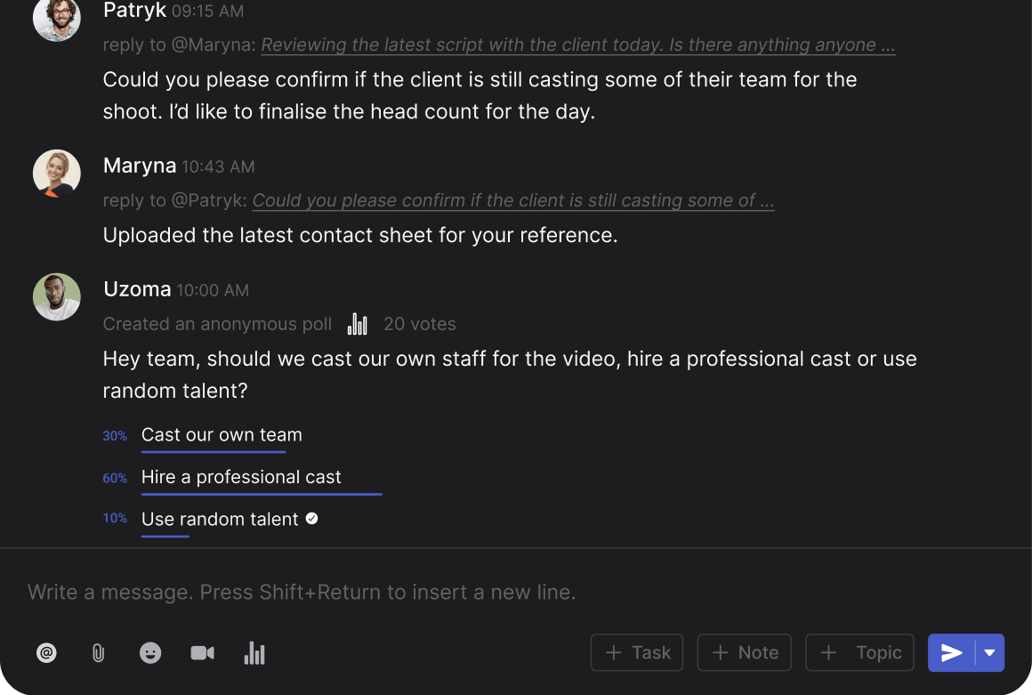 Rock chat interface with multiple messages, threads and a poll