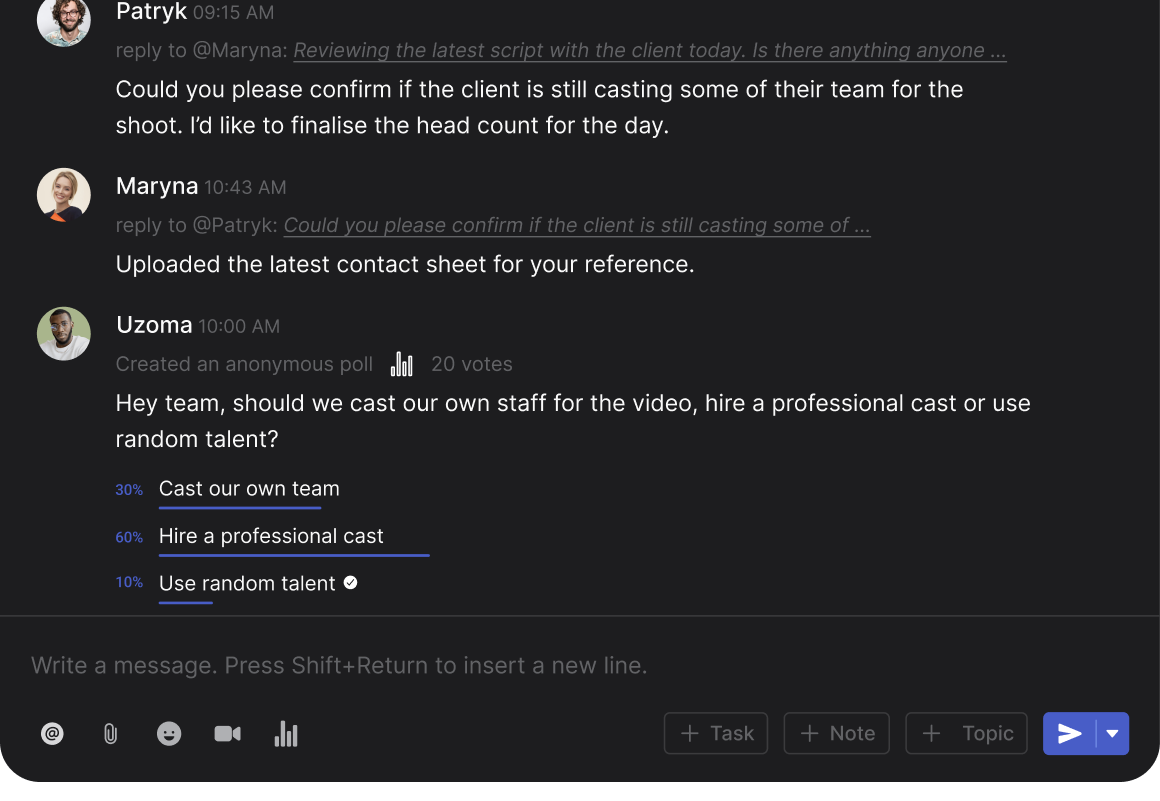 Basecamp alternative Rock chat interface with messages, threads and polls
