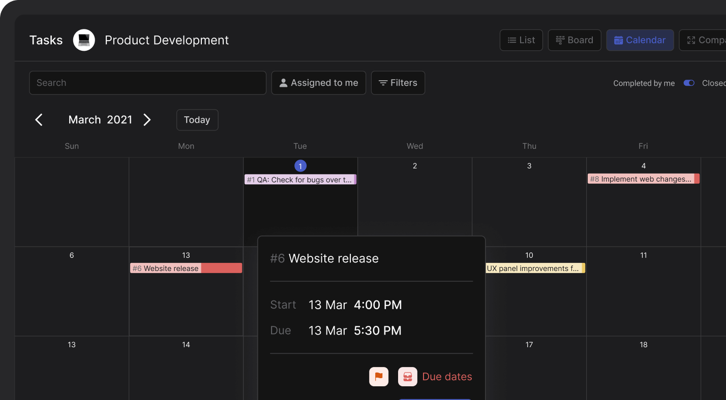 Monday alternative free task calendar view example with start and due dates