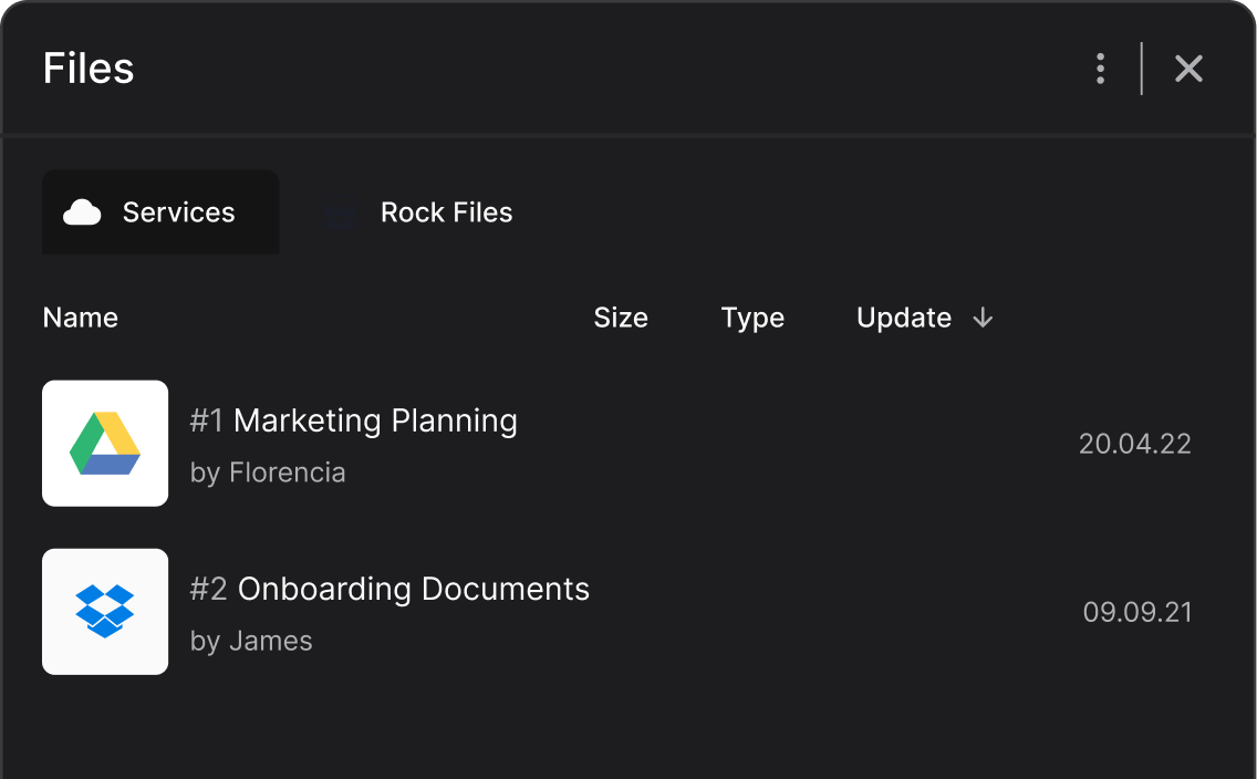 Basecamp competitor Rock meeting panel with Google Drive and Dropbox