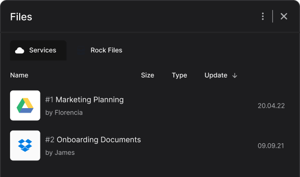 Rock integrations panel with Google Drive and Dropbox highlighted