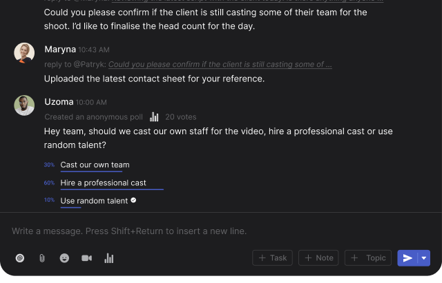 Rock messaging panel with reactions, polls and threads