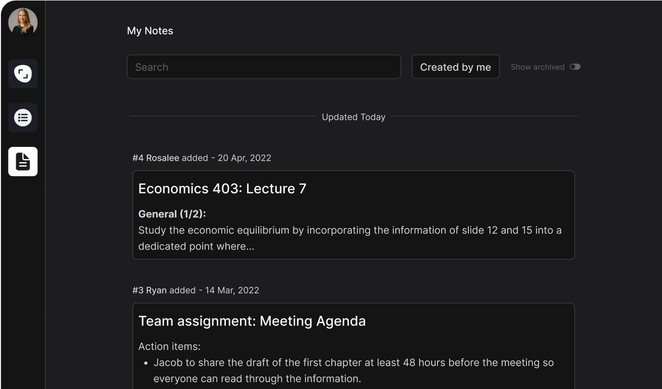 Documented notes for a student account with lecture summaries and team assignment work