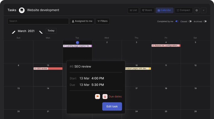 Freelance project Rock calendar view example for tasks