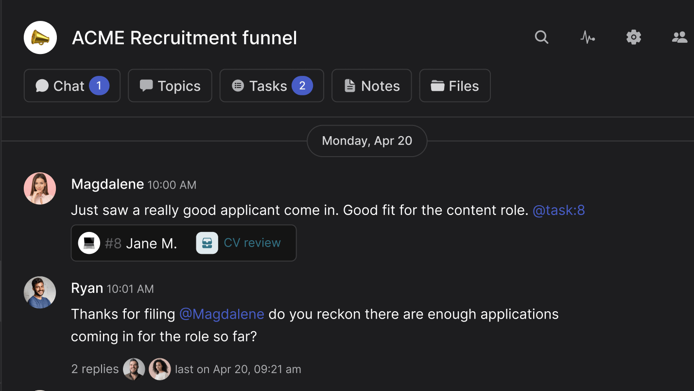 Recruitment collaboration space with messages, tasks and notes