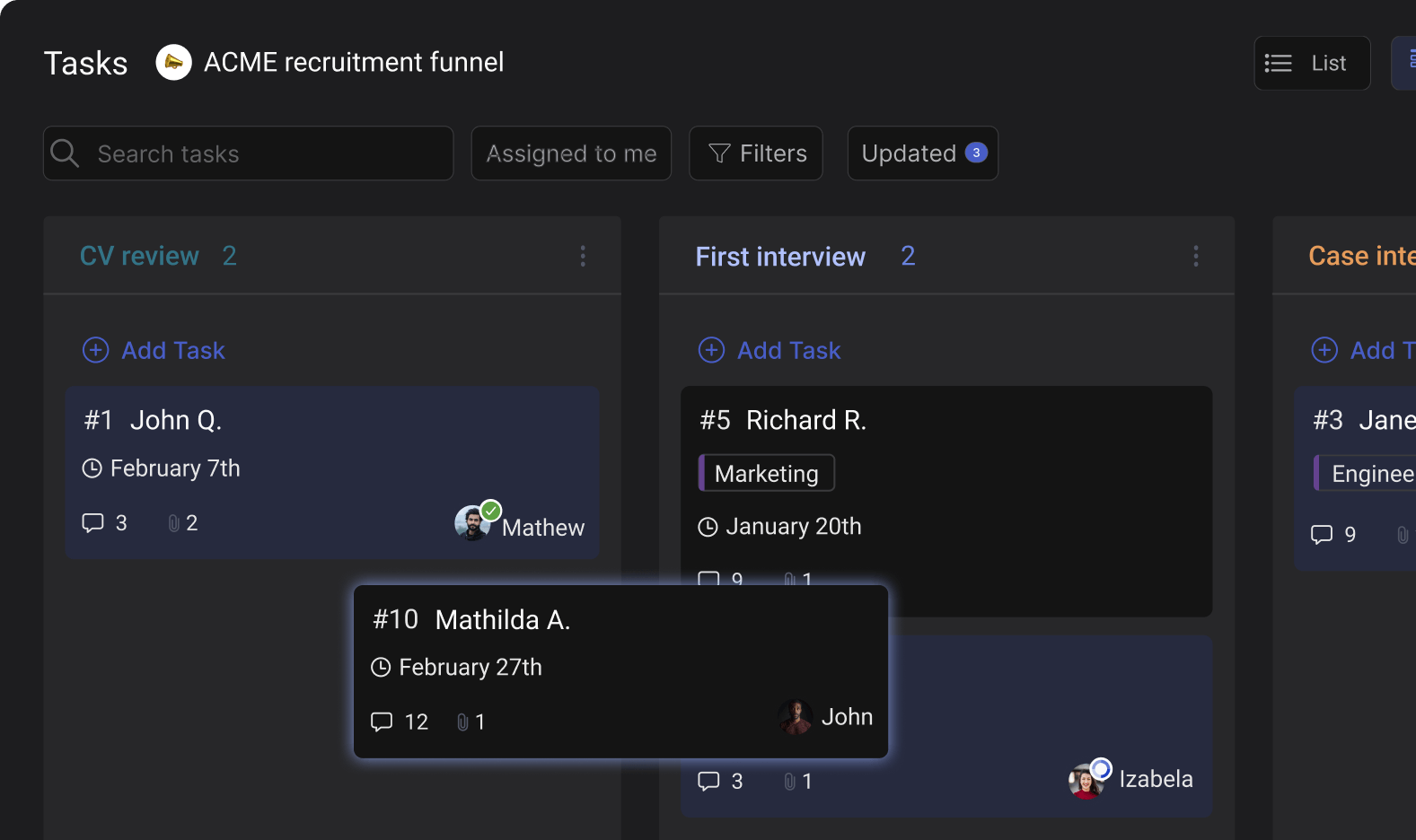 Rock task board move applicants between different stages