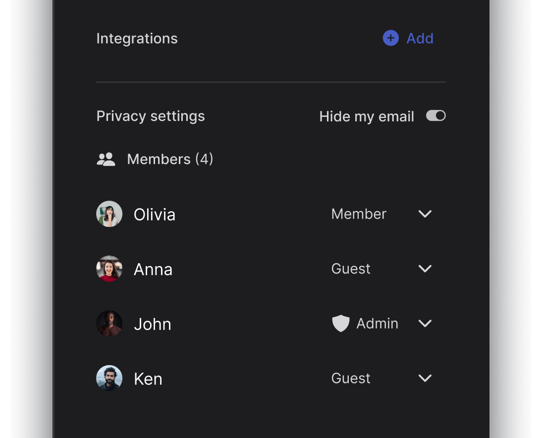 Small business project user panel with members, guests and admins