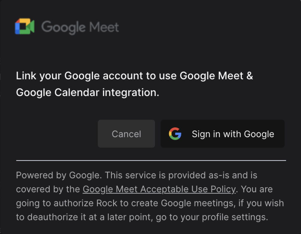 Google meet integration authentification panel Rock