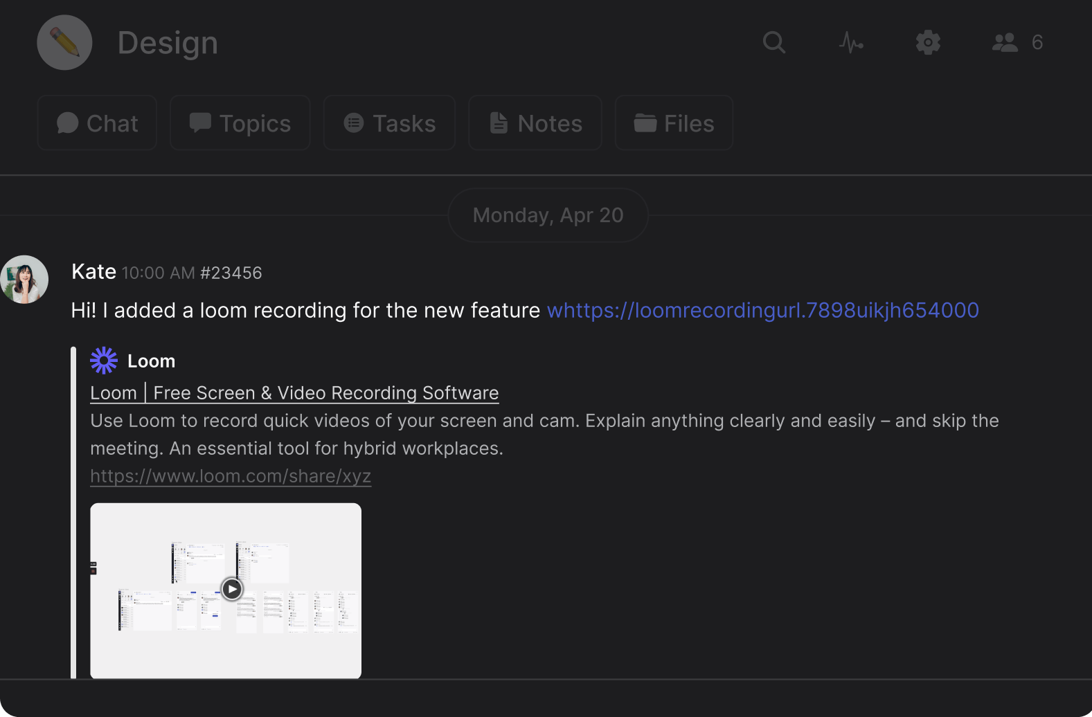 Loom share video on Rock functionality in Chat mini-app interface