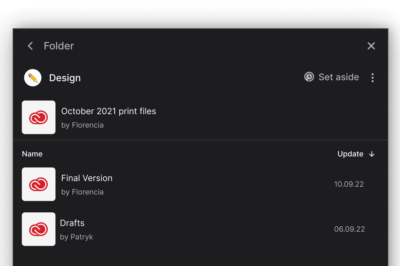 Integrated Adobe Creative Cloud folder in a Rock collaboration space