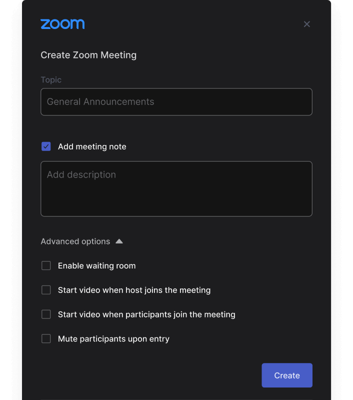 Zoom start meeting panel on Rock