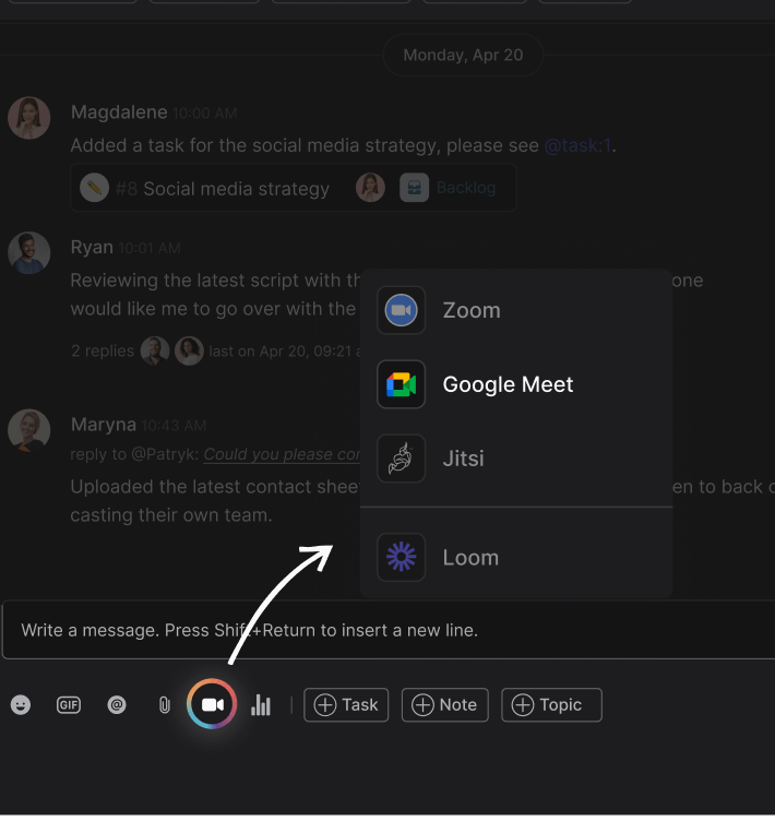 Google Meet integration highlight in Rock chat panel