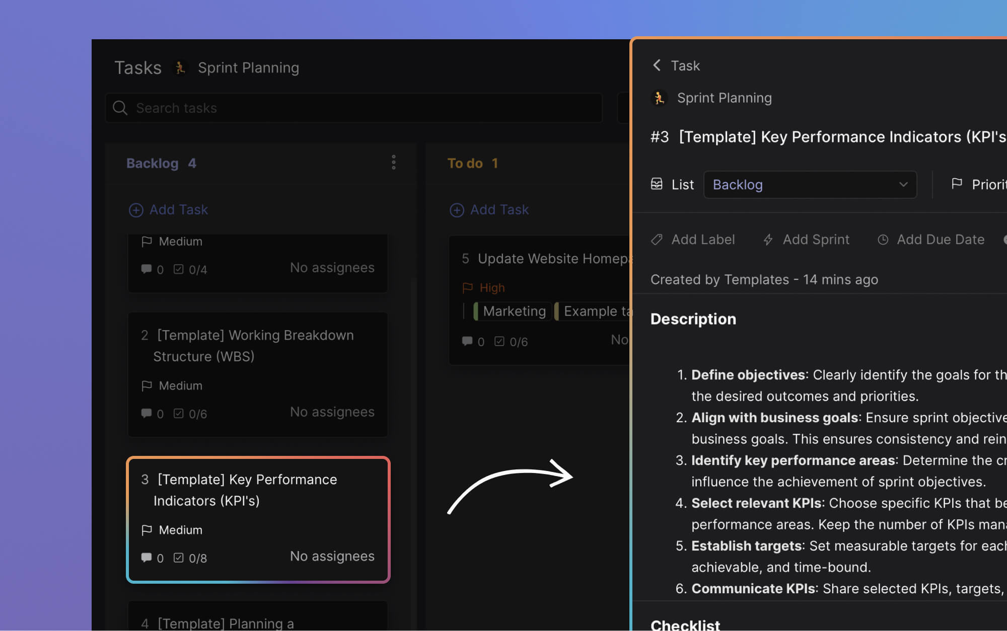 How to define KPI's in your sprint planning: project template example